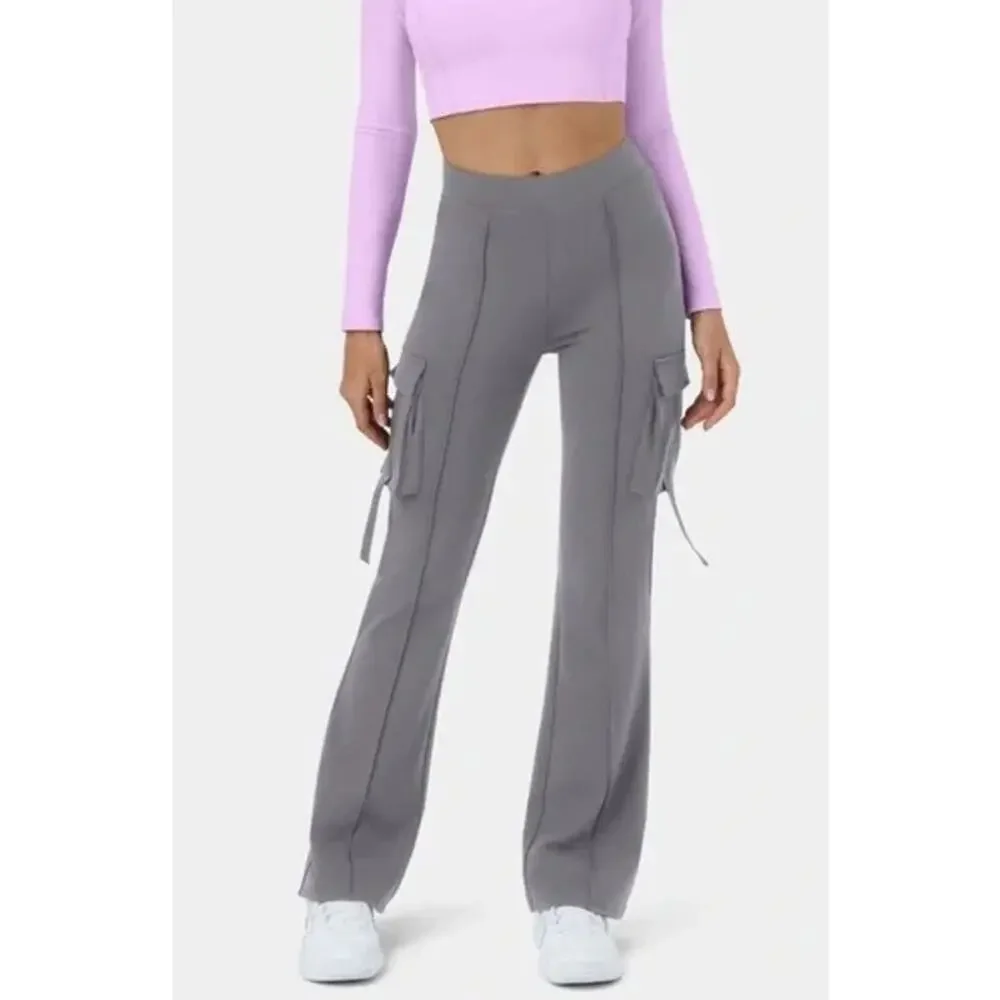 HALARA High Waisted Gray Women's Flare Cargo Pants Leggings M Petite NWT